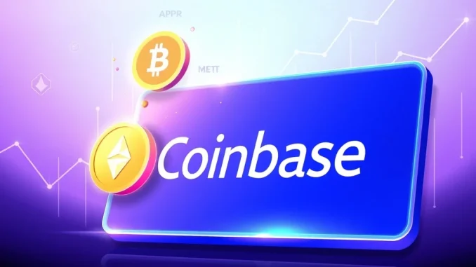 Coinbase listing announcement with APR and MET crypto symbols, signifying new investment opportunities on the platform.