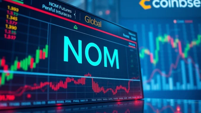 A digital trading screen showing Coinbase's new Nomina (NOM) perpetual futures listing, symbolizing market expansion.