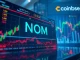 A digital trading screen showing Coinbase's new Nomina (NOM) perpetual futures listing, symbolizing market expansion.