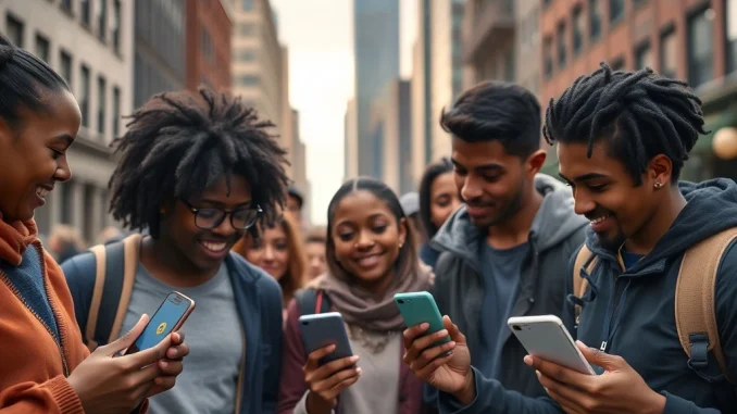 Young New Yorkers accessing digital funds on their phones, symbolizing the Coinbase USDC financial aid program empowering low-income residents.