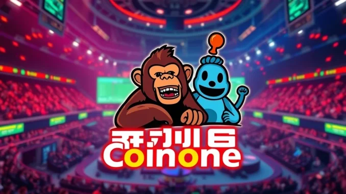 Coinone APEPE event graphic showing an ape and pepe character amidst crypto trading elements, promoting the Daily Arena for rewards.