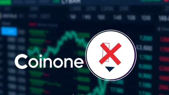 Coinone delists LBR announcement with Lybra Finance (LBR) token icon and a red delisting symbol, signifying its removal from the exchange.