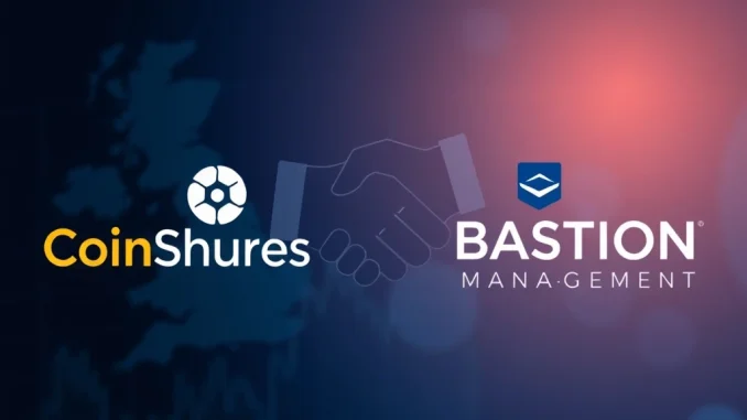 CoinShares and Bastion Asset Management logos merging, symbolizing a strategic acquisition to boost crypto investment strategies.
