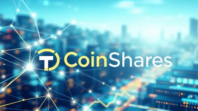 CoinShares logo beside a digital representation of TON blockchain and staking, symbolizing the new TON staking ETP.