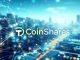 CoinShares logo beside a digital representation of TON blockchain and staking, symbolizing the new TON staking ETP.