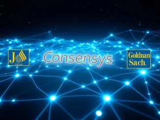 Consensys IPO partnership with JPMorgan and Goldman Sachs, symbolizing the convergence of blockchain and traditional finance.