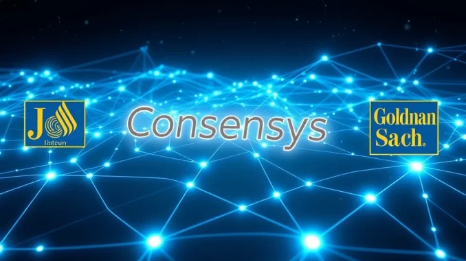 Consensys IPO partnership with JPMorgan and Goldman Sachs, symbolizing the convergence of blockchain and traditional finance.