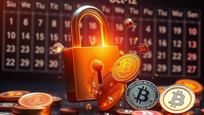 Visualizing crucial token unlocks impacting the crypto market, featuring ATH and APT coins breaking free from chains.