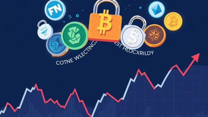 A visual representation of significant Token Unlocks affecting the cryptocurrency market, with digital tokens breaking free from chains and market charts showing potential volatility.