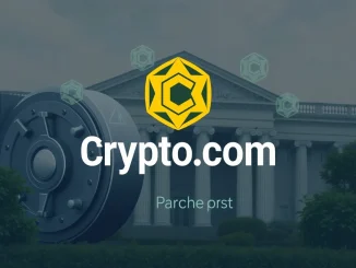 Crypto.com logo intertwined with traditional banking symbols, representing their pursuit of a national trust bank charter and integration into mainstream finance.