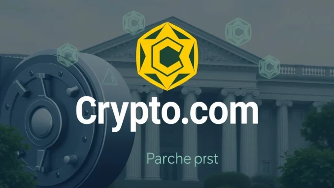 Crypto.com's Bold Move: Pursuing a National Trust Bank Charter Crypto.com logo intertwined with traditional banking symbols, representing their pursuit of a national trust bank charter and integration into mainstream finance.