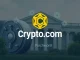 Crypto.com logo intertwined with traditional banking symbols, representing their pursuit of a national trust bank charter and integration into mainstream finance.