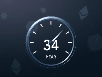 A visual representation of the Crypto Fear & Greed Index showing a reading of 34, indicating prevalent crypto market fear.
