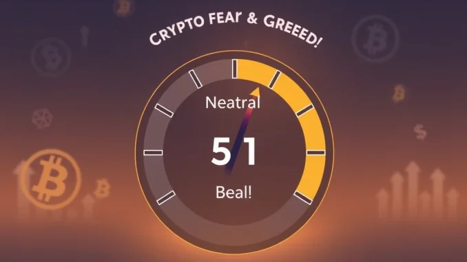 Crypto Fear & Greed Index: Unwavering Neutrality at 50 Signals Market Stability A gauge showing the Crypto Fear & Greed Index at 50 (Neutral), representing current market sentiment and stability in the cryptocurrency market.