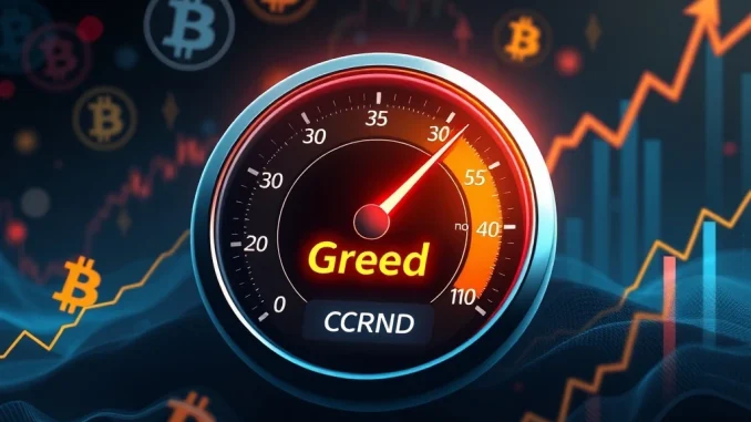 A digital meter showing the Crypto Fear & Greed Index in the 'Greed' zone, reflecting improved Bitcoin market sentiment.