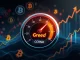 A digital meter showing the Crypto Fear & Greed Index in the 'Greed' zone, reflecting improved Bitcoin market sentiment.
