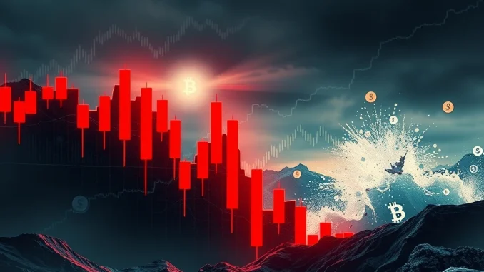 A red downward-trending chart illustrating significant crypto liquidations and market volatility.