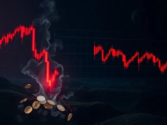 A dramatic red candlestick chart showing a sharp price drop, representing crypto futures liquidation and market volatility.