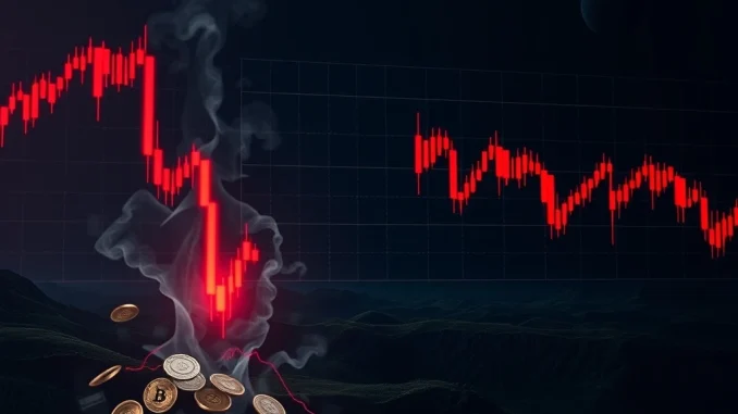 Massive Crypto Futures Liquidation: $134 Million Wiped Out in Shocking Hour A dramatic red candlestick chart showing a sharp price drop, representing crypto futures liquidation and market volatility.