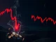 A dramatic red candlestick chart showing a sharp price drop, representing crypto futures liquidation and market volatility.