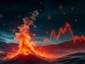 A red downward arrow on a digital chart, symbolizing the rapid crypto futures liquidation and significant crypto market volatility.