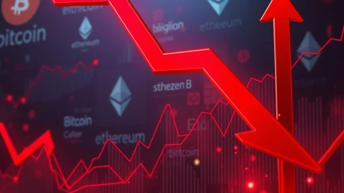 Chart illustrating a massive crypto futures liquidation event, with red arrows showing a sharp market downturn and billions lost.