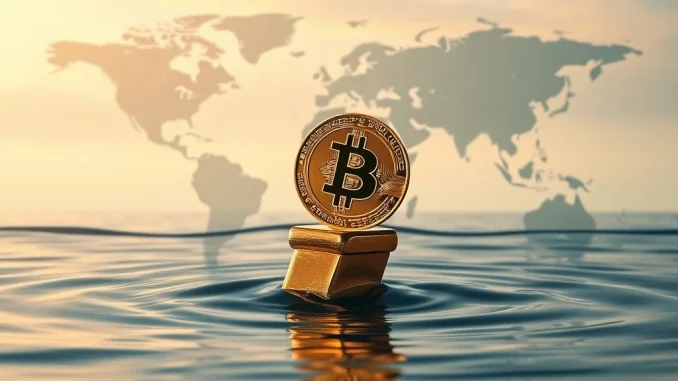 A visual representation of gold prices falling as Bitcoin and other cryptocurrencies rise, illustrating a shift in investor sentiment due to easing geopolitical risk.