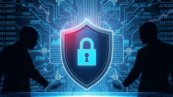 A digital shield protects a blockchain network, symbolizing reduced crypto hacking losses and improved digital asset security in September.