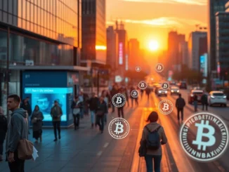 Depicts seamless crypto integration into future daily life, highlighting convenience and invisible digital transactions.