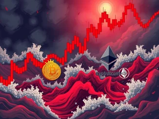 Illustrates the crypto liquidations event, showing digital representations of Bitcoin and Ethereum symbols amidst a turbulent market downturn, signifying over $250 million in liquidated short positions.