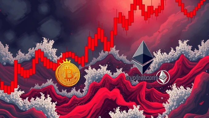 Chart illustrating **crypto liquidations** across Bitcoin, Ethereum, and Solana futures, showing significant losses for long positions.