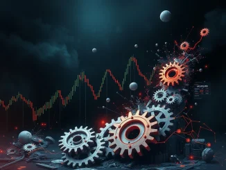 An abstract visual representing massive crypto liquidations and structural flaws in the cryptocurrency market, emphasizing the dangers of excessive leverage.