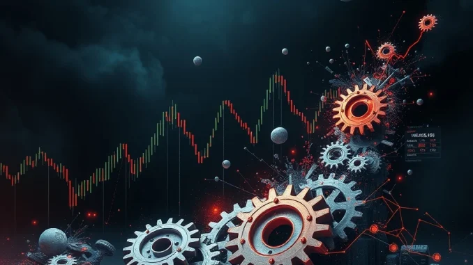 An abstract visual representing massive crypto liquidations and structural flaws in the cryptocurrency market, emphasizing the dangers of excessive leverage.