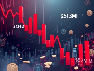 A downward trending chart illustrates significant crypto liquidations, reflecting sudden market volatility in cryptocurrency trading.