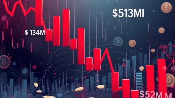 A downward trending chart illustrates significant crypto liquidations, reflecting sudden market volatility in cryptocurrency trading.