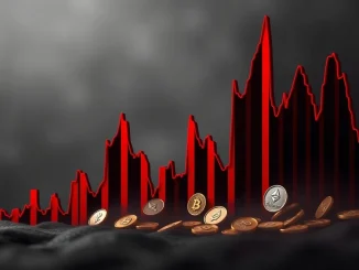A red candlestick chart showing a sharp decline, symbolizing massive crypto liquidations and significant crypto market volatility.