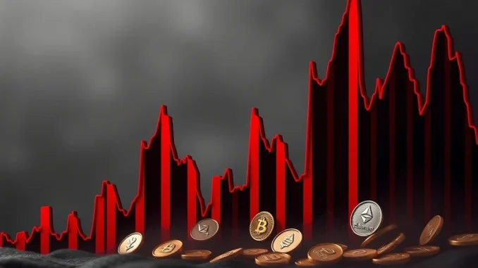 A red candlestick chart showing a sharp decline, symbolizing massive crypto liquidations and significant crypto market volatility.