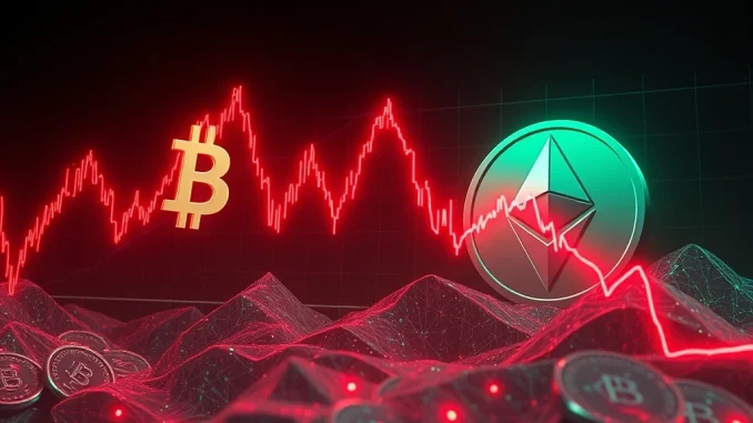 Crypto Liquidations: Massive $100M Plunge Shakes Perpetual Futures Market A chart depicting sudden drops and red bars, symbolizing the impact of significant crypto liquidations in the perpetual futures market.