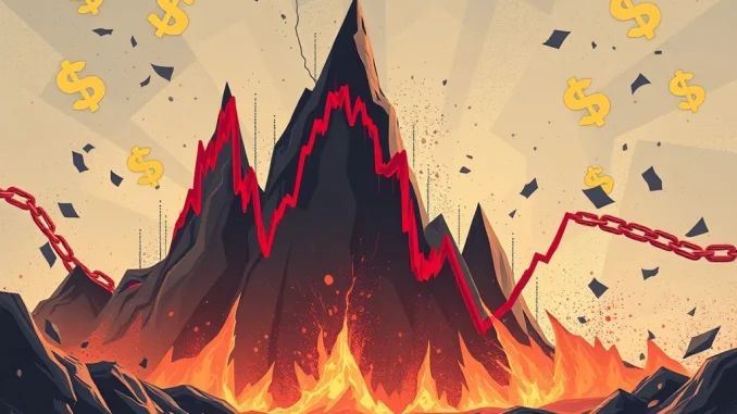 Visualizing the impact of massive crypto liquidations, with a dramatic chart plunge and digital currency symbols.