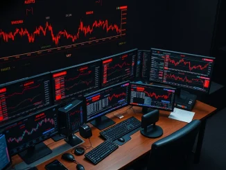 Visualizing the sudden impact of crypto liquidations on traders, showing red charts and financial loss.