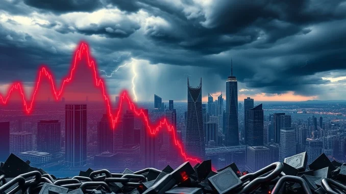 Visualizing the impact of crypto liquidations, showing a dramatic downturn in futures trading charts and market volatility.