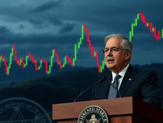 A digital representation of the **crypto market** with charts and arrows, juxtaposed with a subtle image of **Jerome Powell**, conveying market sentiment and investor caution.