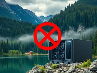 A 'No Entry' sign over a crypto mining rig in British Columbia, symbolizing the province's ban on new crypto mining operations.