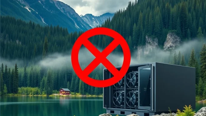 A 'No Entry' sign over a crypto mining rig in British Columbia, symbolizing the province's ban on new crypto mining operations.
