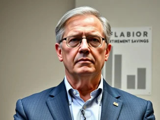 AFL-CIO union leader raising concerns about crypto retirement funds, advocating for worker protection.