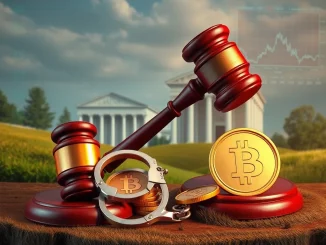 Illustrative image of a gavel striking digital coins, symbolizing the legal action against the crypto scam South Korea.