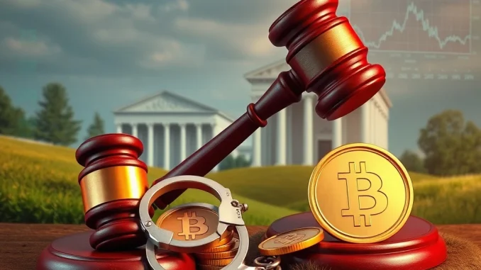 Illustrative image of a gavel striking digital coins, symbolizing the legal action against the crypto scam South Korea.