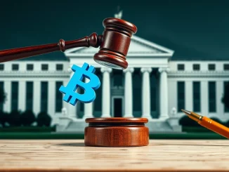 Gavel striking a blockchain symbol, symbolizing the Custodia Bank Federal Reserve master account legal ruling.