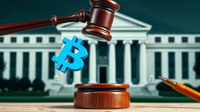 Gavel striking a blockchain symbol, symbolizing the Custodia Bank Federal Reserve master account legal ruling.