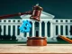 Gavel striking a blockchain symbol, symbolizing the Custodia Bank Federal Reserve master account legal ruling.